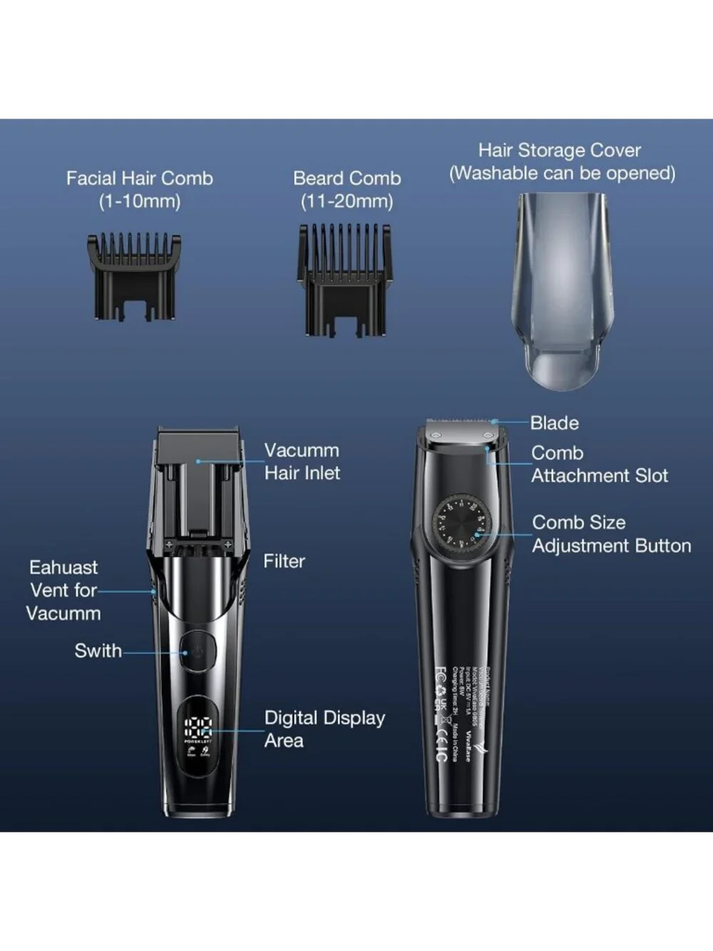 Cordless Vacuum Beard Trimmer for Men, Adjustable Length, Waterproof, Easy Clean